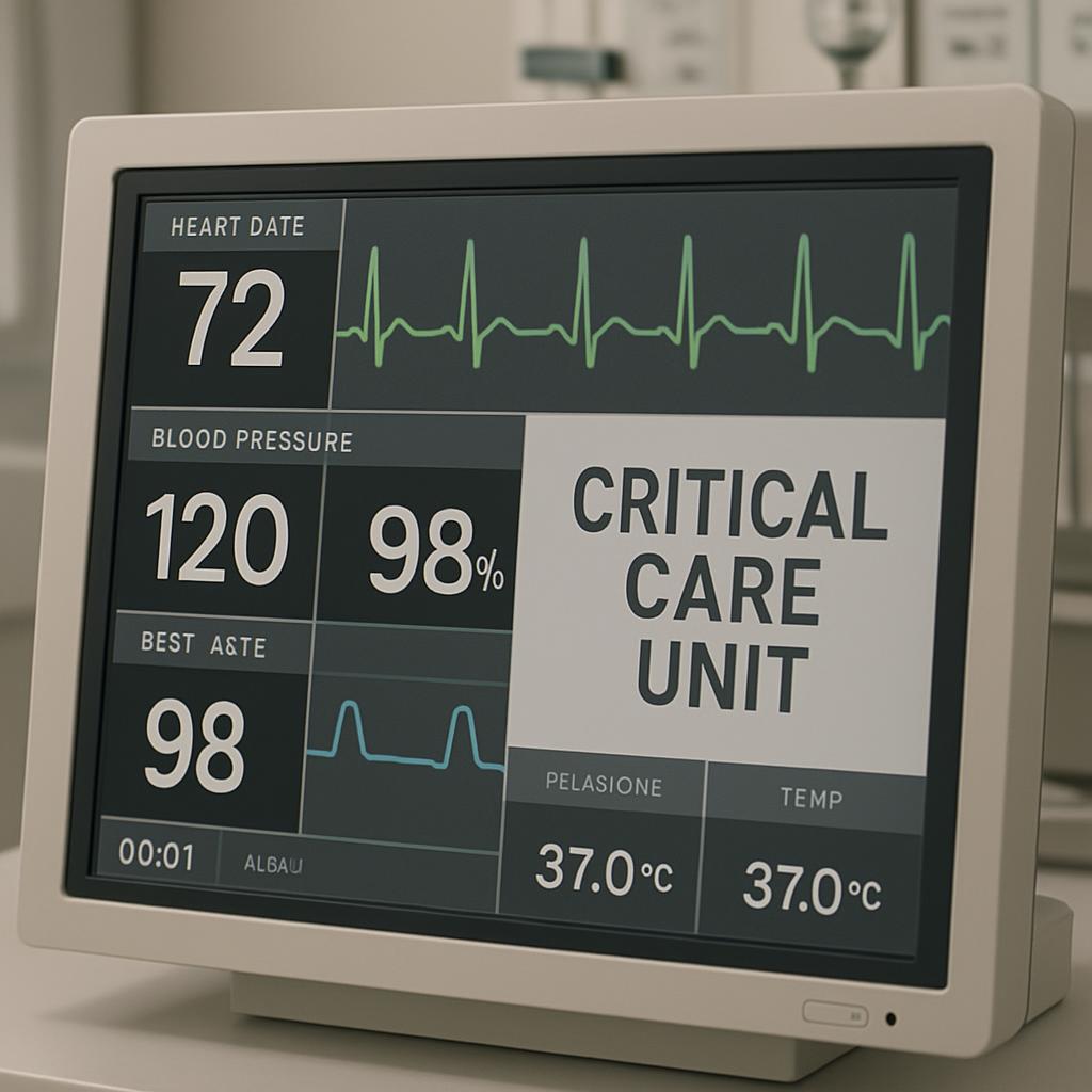 A close-up monitor of a hospital room display monitor displaying vital signs, with the specific values being: Heart Rate 7...