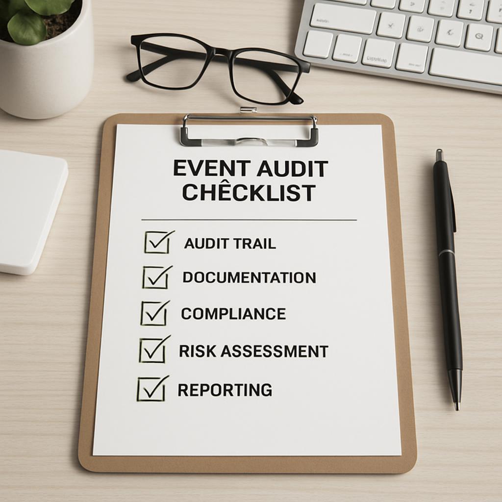 A digital desk workspace with an event audit checklist clipboard featuring a list of items, including an audit trail, docu...
