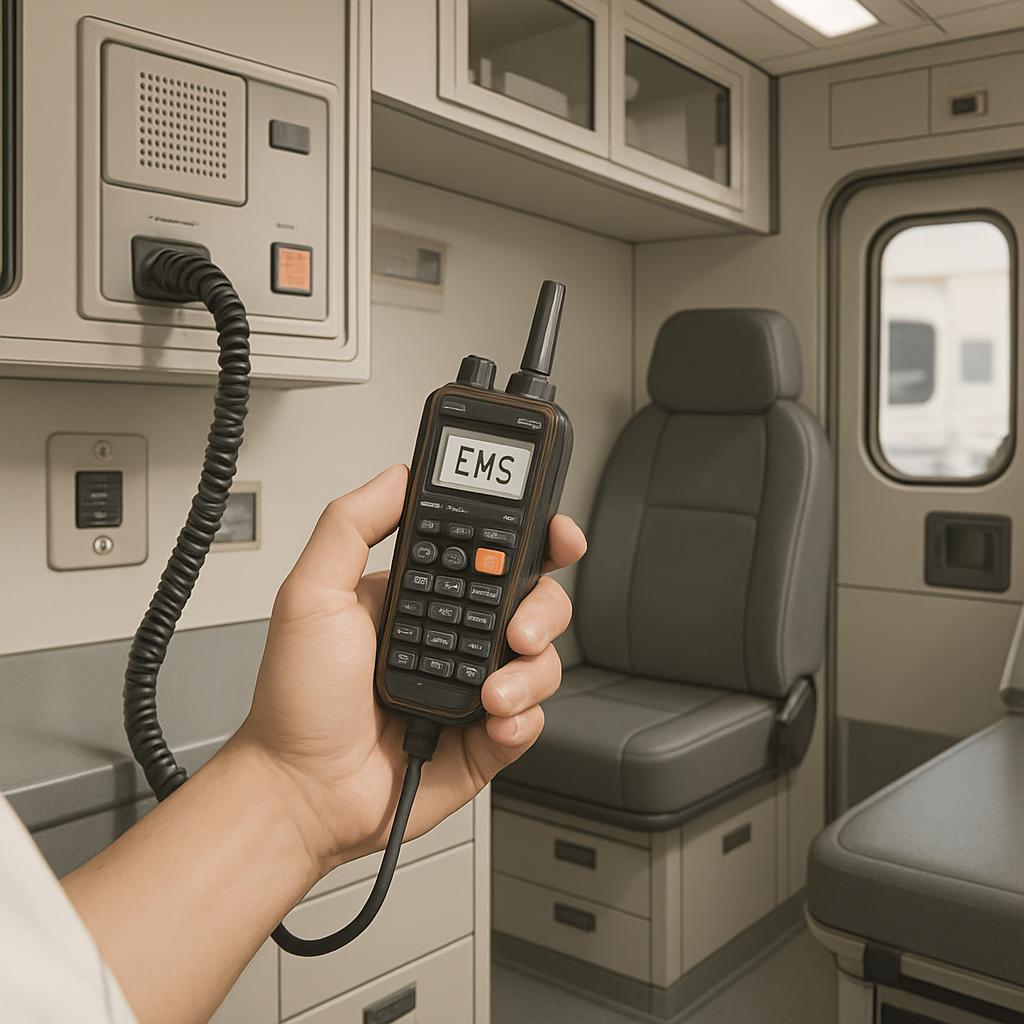 EMS radio used by a healthcare worker in the back of an ambulance.