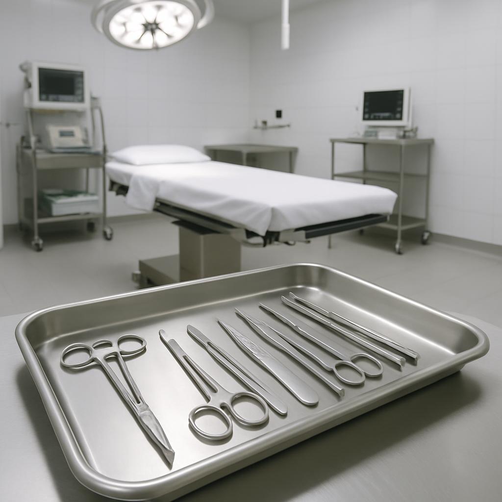 An operating room with what appear to be several scalpels laid out on a tray in the foreground.